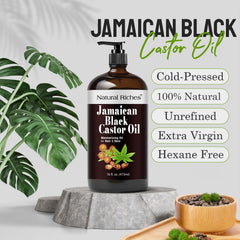 Natural Riches Jamaican Black Castor Oil pour demonstrates easy dispensing for daily care