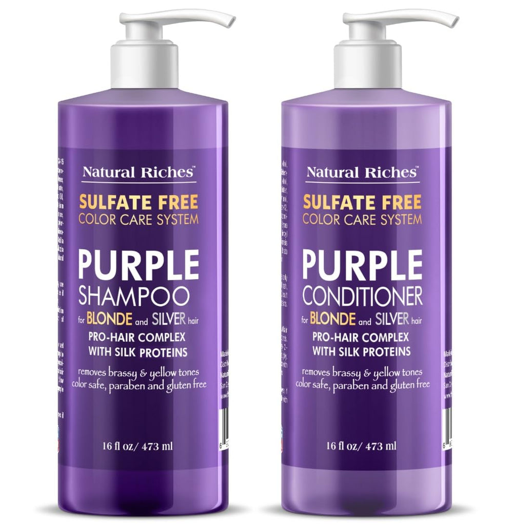 Natural Riches purple shampoo bottle highlighting color-safe formula for blonde tones.
