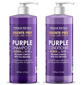 Natural Riches purple shampoo bottle highlighting color-safe formula for blonde tones.