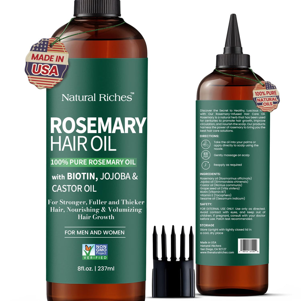 Natural Riches Rosemary Oil bottle closeup highlights pure formula for scalp nourishment.