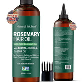 Natural Riches Rosemary Oil bottle closeup highlights pure formula for scalp nourishment.