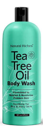 Natural Riches Tea Tree Body Wash bottle front highlights all-skin gentle cleansing.