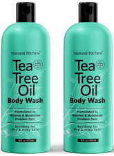 Natural Riches Tea Tree Body Wash bottle front shows soothing, hydrating cleanse.