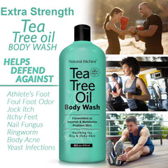 Natural Riches Tea Tree Body Wash ingredients blend showcases aloe and tea tree for refreshed skin.
