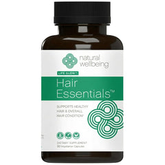 Natural Wellbeing Hair Essentials bottle closeup showing capsules for hair support