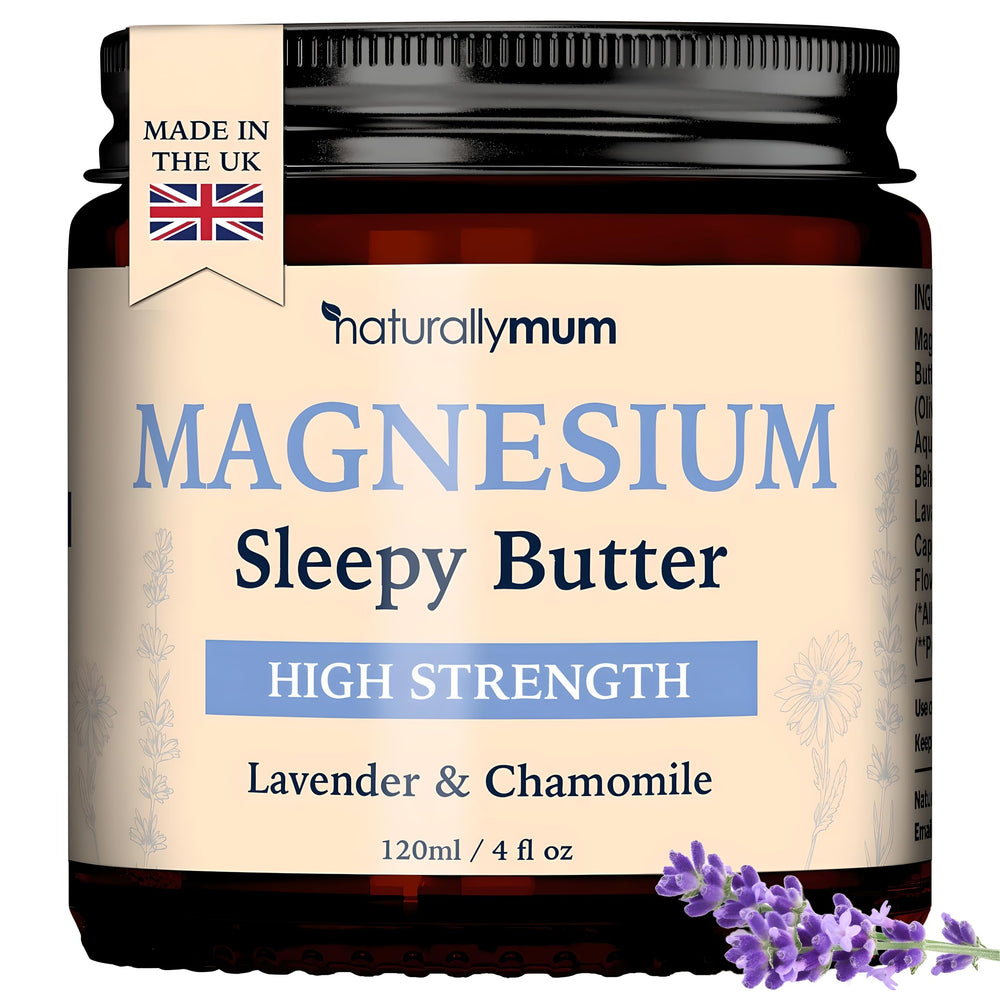NaturallyMum Magnesium Butter lavender-chamomile jar closeup, promotes a calming bedtime ritual