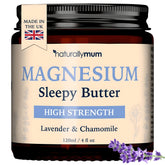 NaturallyMum Magnesium Butter lavender-chamomile jar closeup, promotes a calming bedtime ritual