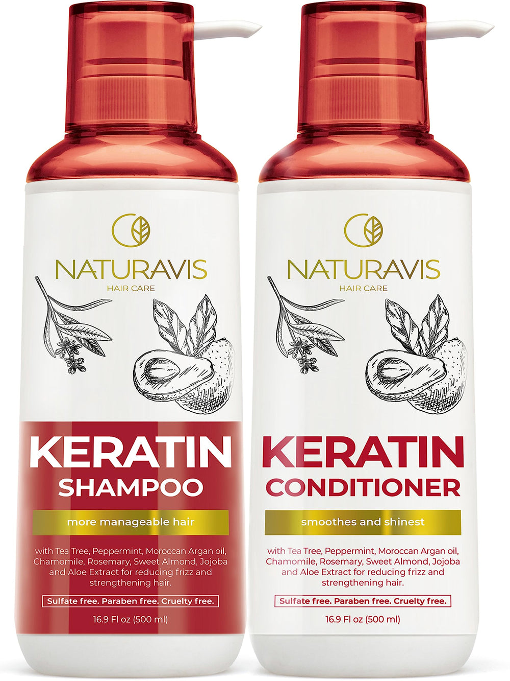 NATURAVIS Keratin Shampoo bottle close-up highlighting frizz control and color-safe cleansing.