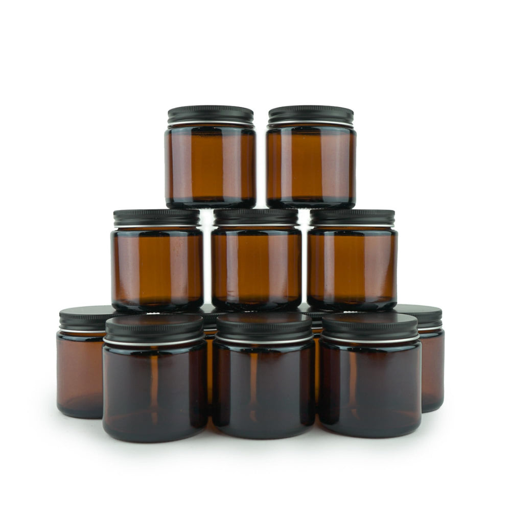 Nature Packaged amber jar 4oz closeup shows durable glass for cosmetics and travel storage.