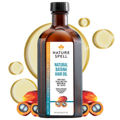 Nature Spell Batana Oil bottle foregrounds nourishing formula for all hair types.