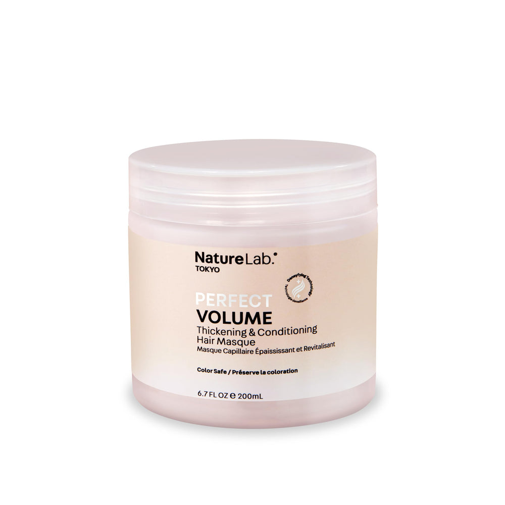 NatureLab.TOKYO Perfect Volume Masque bottle pour enables even distribution for fuller-looking hair.