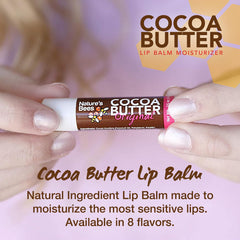 Nature's Bees Cocoa Butter Lip Balm cherry tube adds gentle fruity flavor for smooth lips.