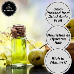 Naturevibe Botanicals Amla Oil label closeup – highlights purity and natural ingredients.