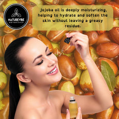 Naturevibe Botanicals Golden Jojoba Oil label detail highlighting purity and cold-pressed method.