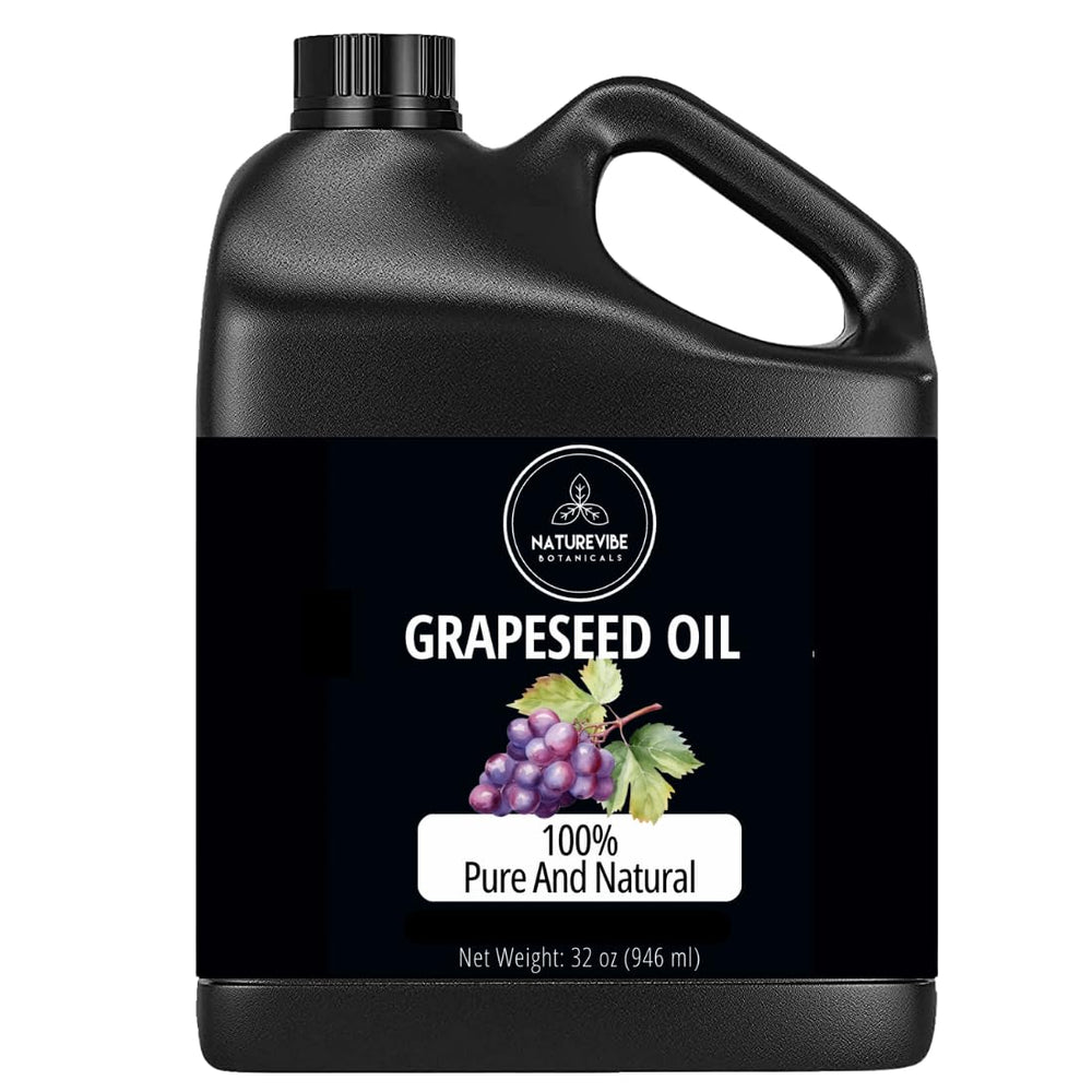 Naturevibe Botanicals grapeseed oil bottle shows 32oz packaging for daily hydration