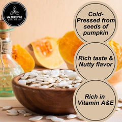 Naturevibe Botanicals Pumpkin Seed Oil 100% pure label highlights unrefined quality for body care.