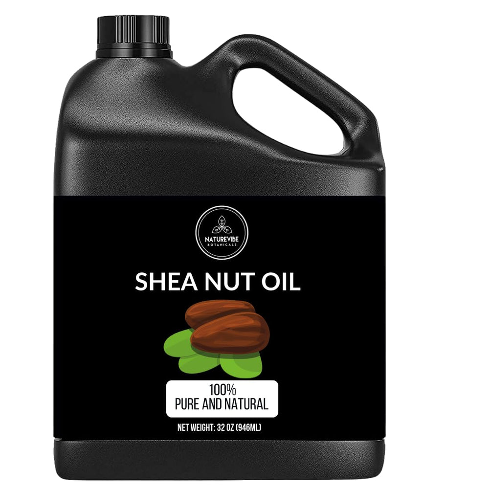 Naturevibe Botanicals Shea Nut Oil jar highlights premium 32 oz packaging for daily hydration.