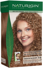 Naturigin permanent hair color 7-0 medium blonde box with neutral blonde shade and gray coverage promise.
