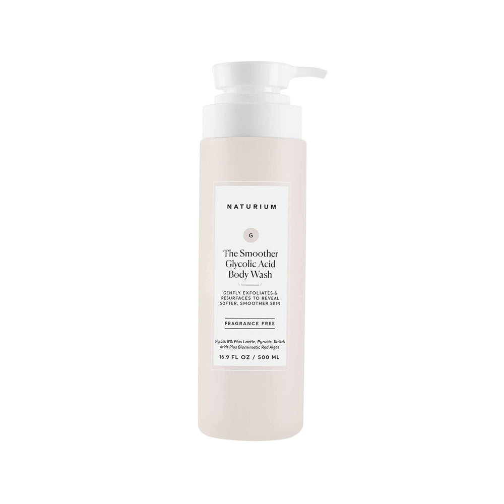 Naturium The Smoother glycolic body wash bottle-front for daily exfoliation and smoother skin.