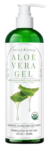 NaturSense aloe gel bottle pour shows quick skin hydration for face and body.