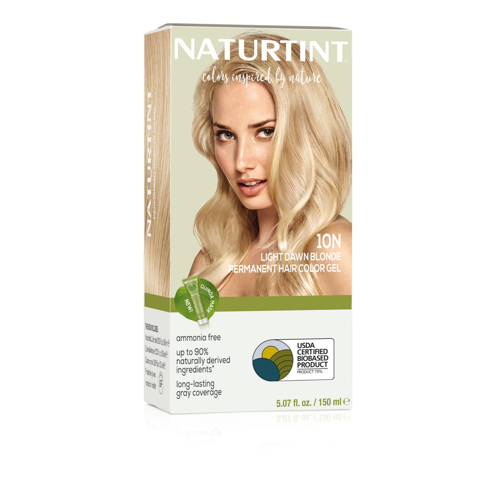Naturtint 10N Light Dawn Blonde bottle shows ammonia-free formula for at-home coloring.