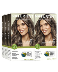 Naturtint 6N dark blonde packaging shows ammonia-free, plant-based color kit benefits.