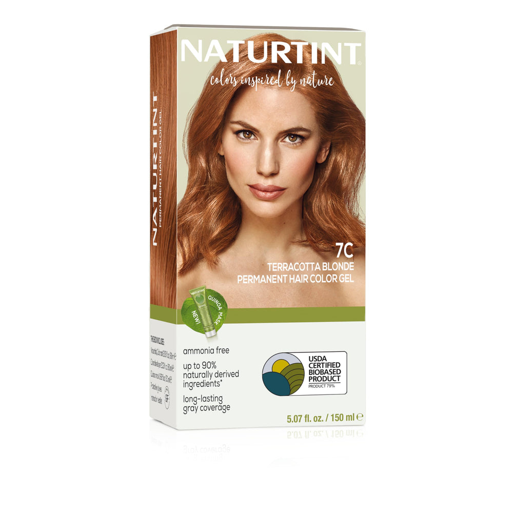 Naturtint 7C Terracotta Blonde dye kit shows even gray coverage and lasting color.