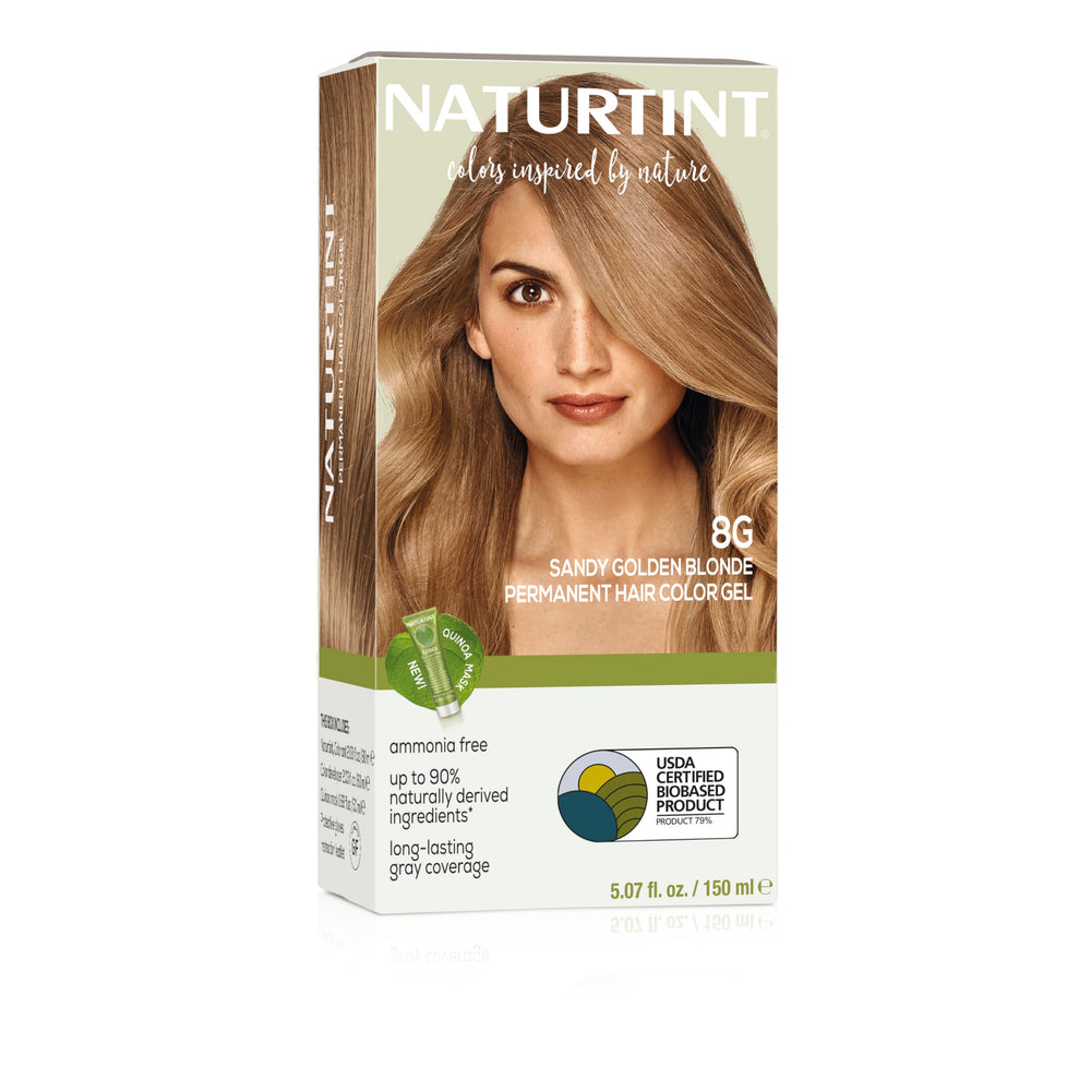 Naturtint 8G Sandy Golden Blonde bottle shows ammonia-free at-home color for healthier-looking hair.