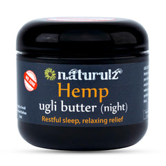 Naturulz Ugli Butter Night Cream bottle showing calming hemp blend for restful evenings