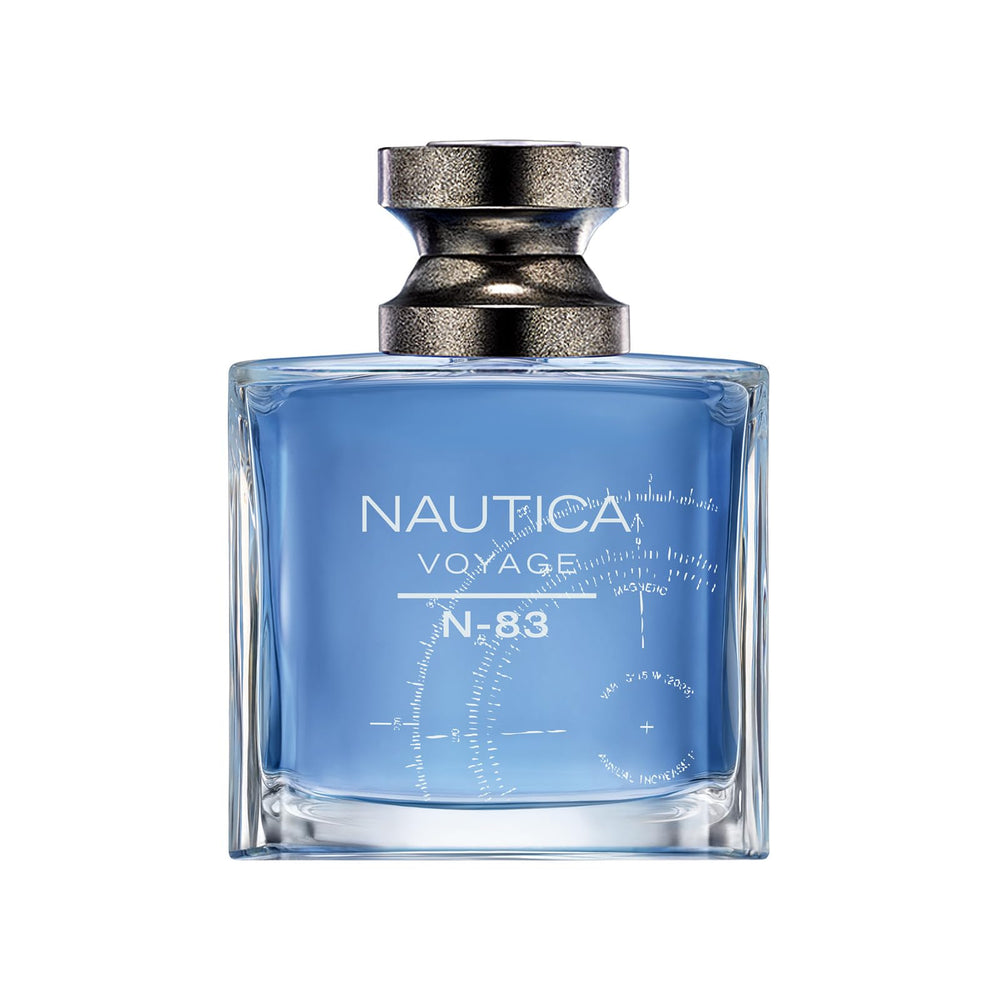 Nautica Voyage N83 bottle-front showcases oceanic fragrance profile for everyday confidence.