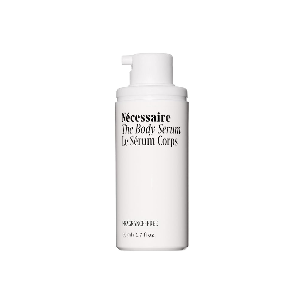 Nécessaire The Body Serum bottle with pump offers fragrance-free hydration for sensitive skin.