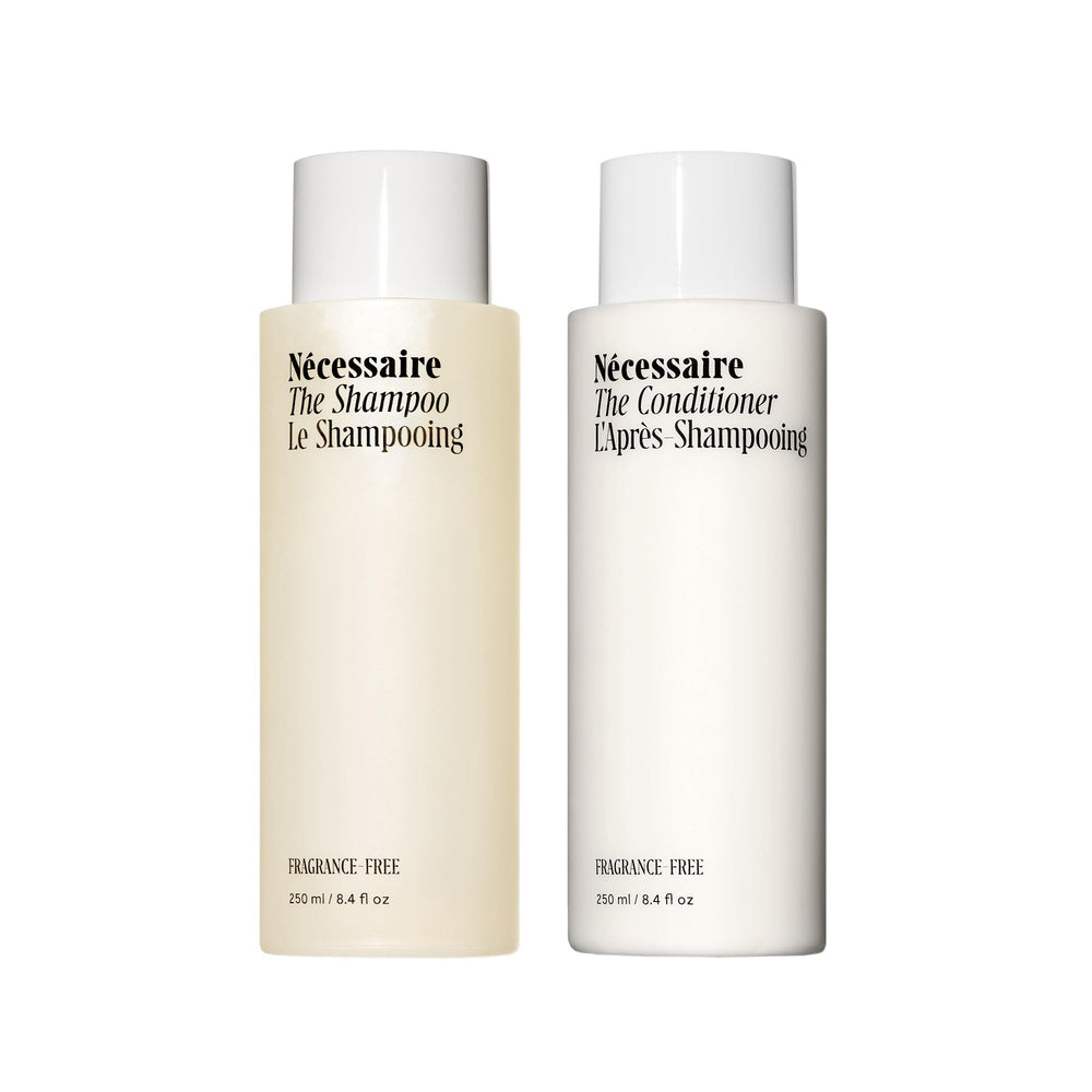Nécessaire Hair Duo shampoo bottle — fragrance-free cleansing for sensitive scalps.