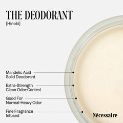 Nécessaire Hinoki deodorant bottle back reveals ingredients and clean formulation.