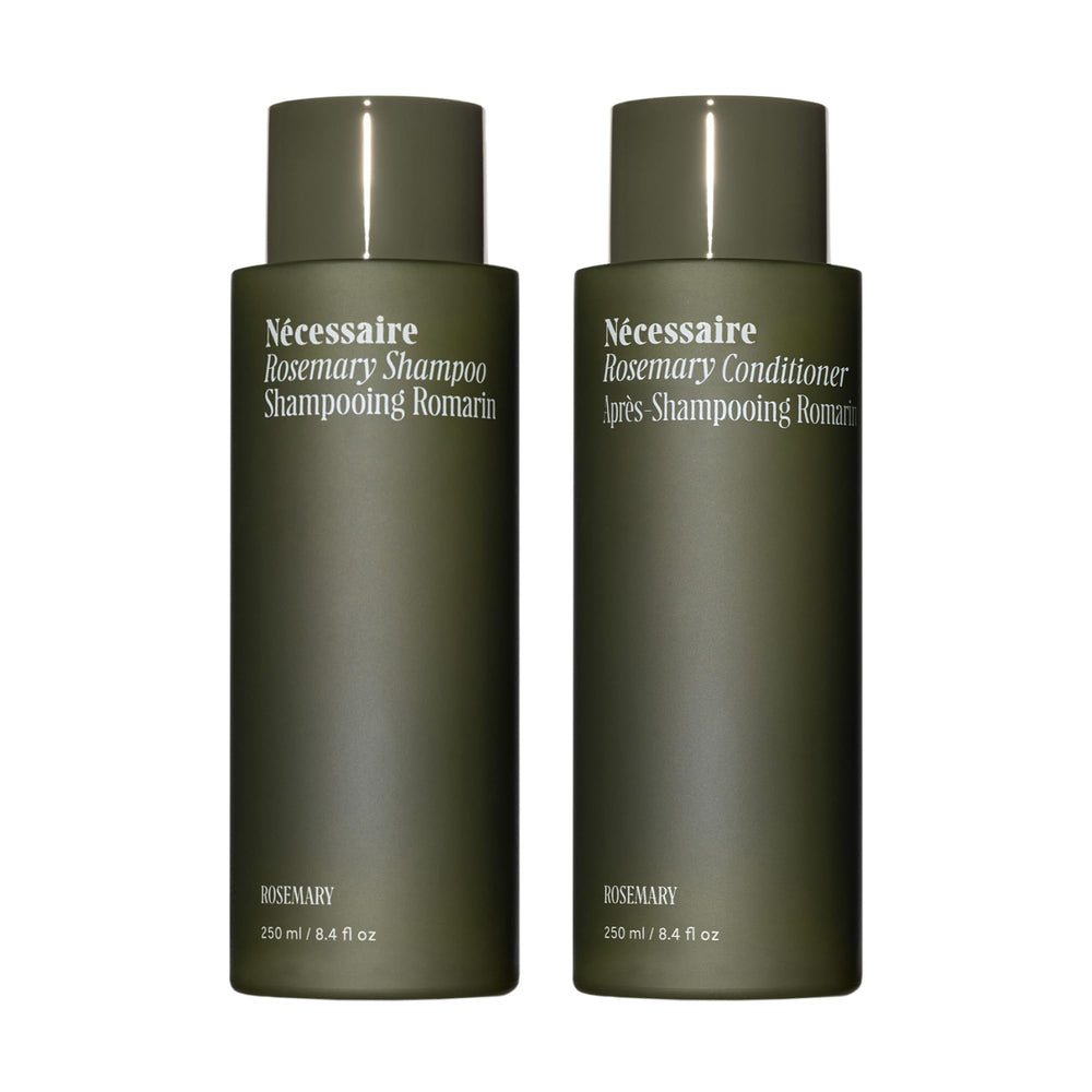 Nécessaire Rosemary Shampoo bottle shows a strengthening formula for thinning hair.