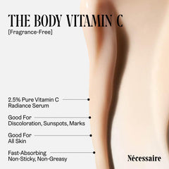 Nécessaire The Body Vitamin C Serum close-up label shows fragrance-free formula for sensitive skin
