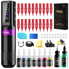 Neebol wireless tattoo pen with LED display for real-time voltage and battery status.