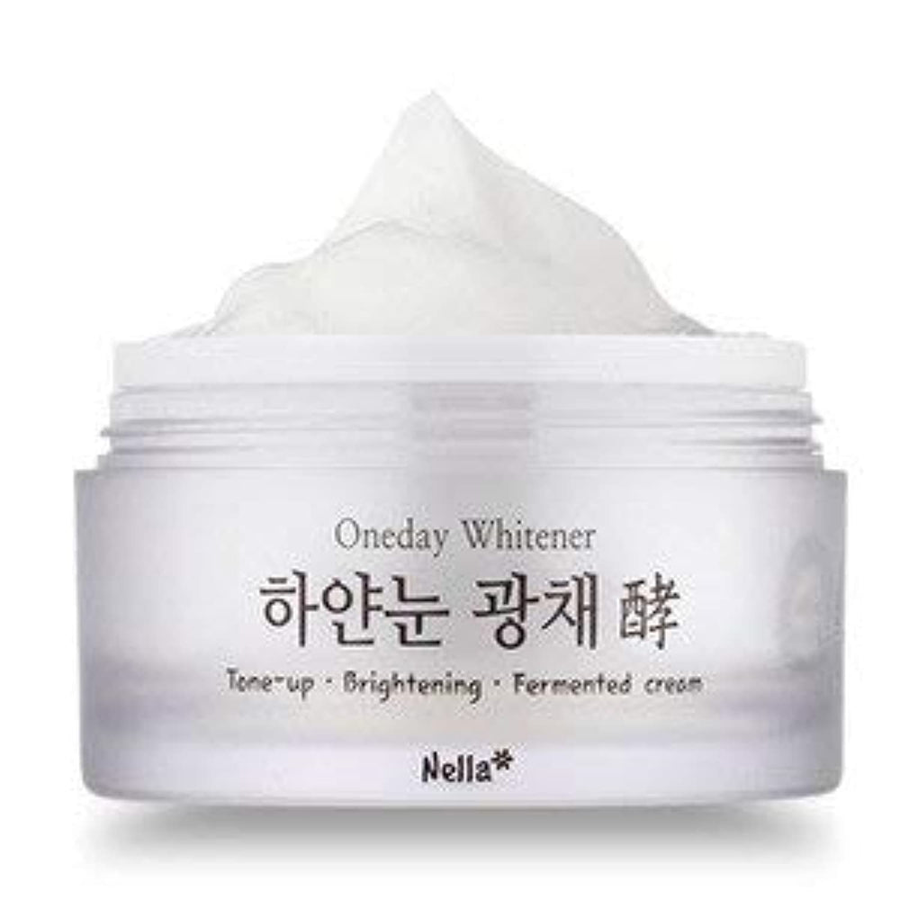 Nella tone-up cream bottle closeup highlighting brightening and hydration potential
