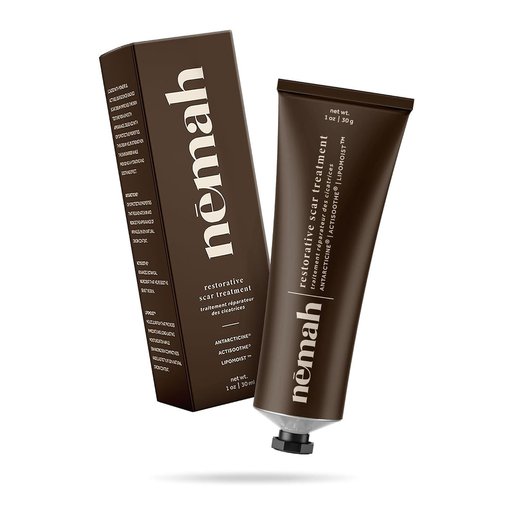 Nemah Restorative Scar Treatment bottle for postpartum scar care and daily hydration.
