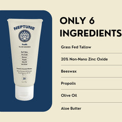 Neptune Health reef-safe sunscreen ingredients label emphasizes zinc oxide protection.