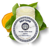 Neptune Health Tallow and Manuka Honey Balm jar shows rich texture for nourishing skin.