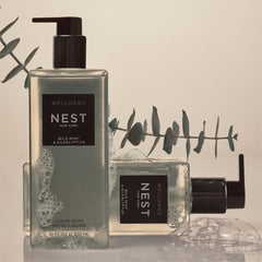 Nest New York liquid soap label close-up highlighting mint and eucalyptus fragrance.
