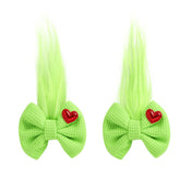 Neujiwo 2pc green long furry hair bows on clips for festive wear