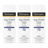 Neutrogena Age Shield SPF 70 bottle closeup showing oil-free, non-comedogenic sunscreen protection