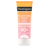 Neutrogena bottle of Invisible Daily Defense sunscreen lotion showing fragrance-free SPF 60+ protection.