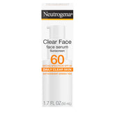 Neutrogena Clear Face Serum Sunscreen bottle shows SPF 60 protection for makeup-ready skin.