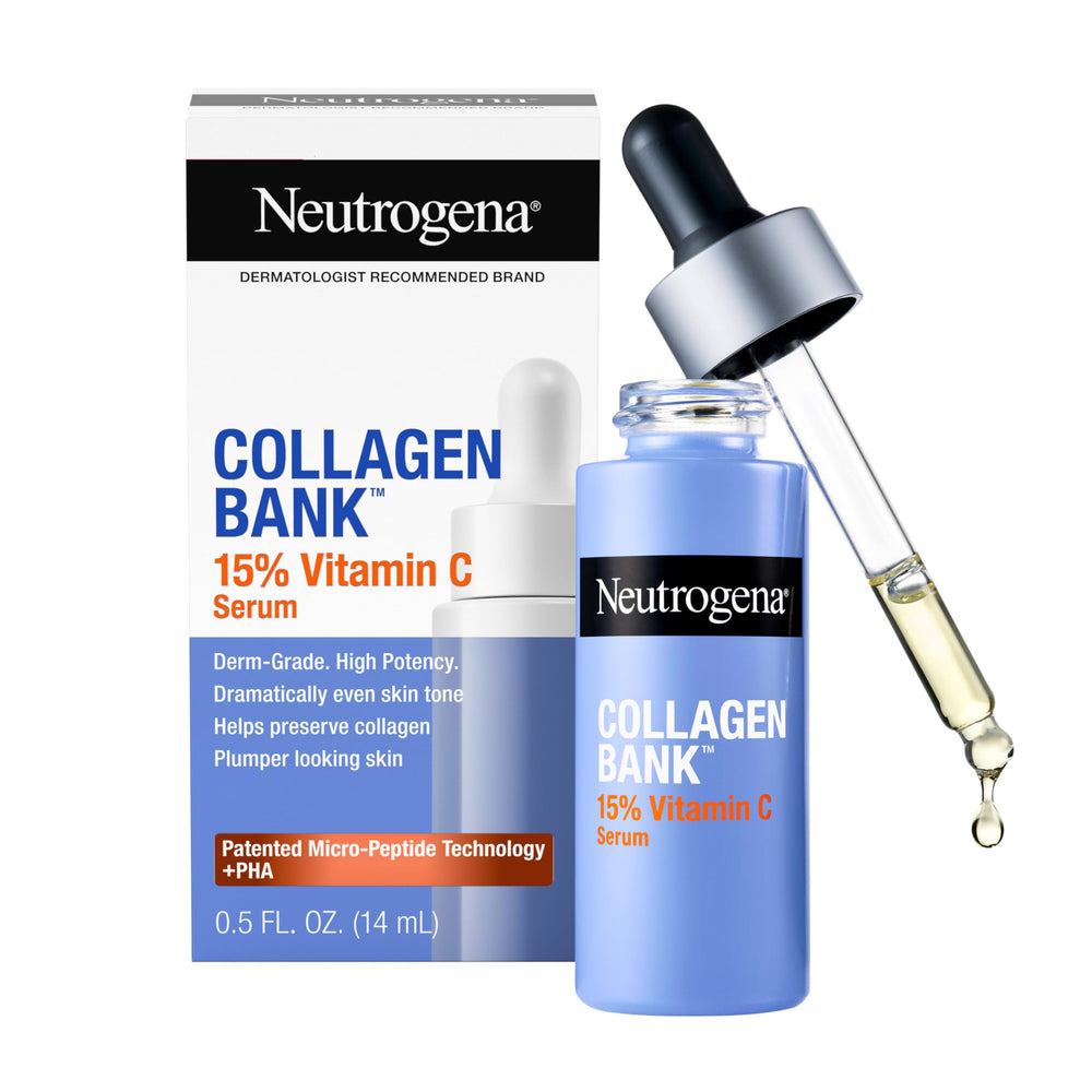 Neutrogena Collagen Bank serum bottle close-up highlighting high-potency vitamin C for glow.