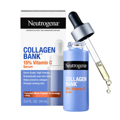 Neutrogena Collagen Bank serum bottle close-up highlighting high-potency vitamin C for glow.