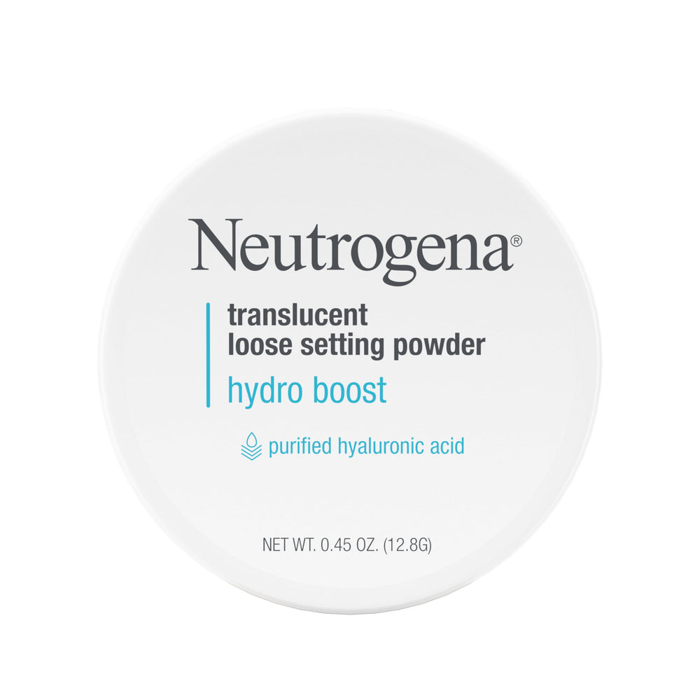Neutrogena Hydro Boost powder jar closeup shows translucent finish for smooth, hydrated skin.