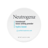 Neutrogena Hydro Boost powder jar closeup shows translucent finish for smooth, hydrated skin.