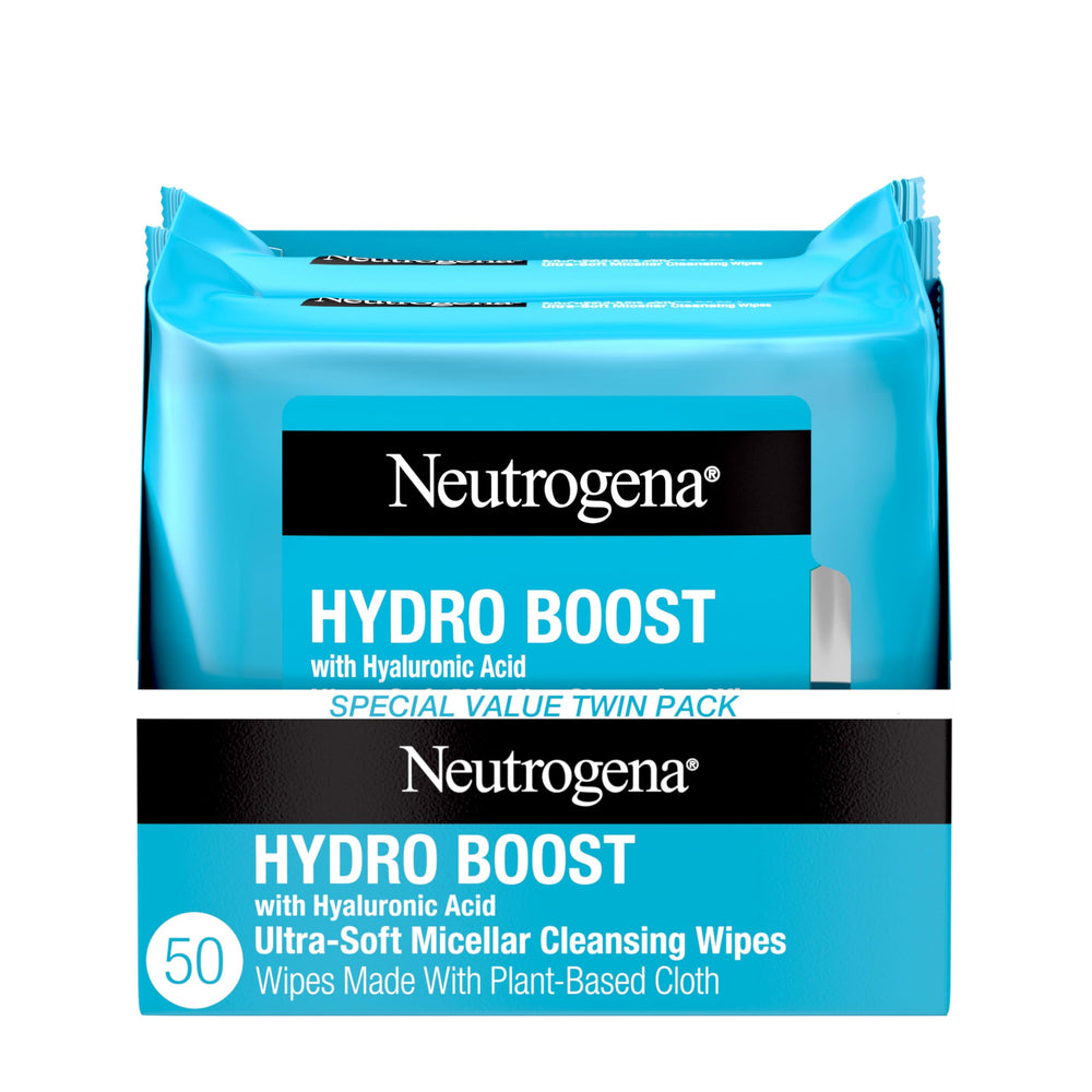 Neutrogena Hydro Boost wipes pack shows dual-pack convenience for on-the-go cleansing